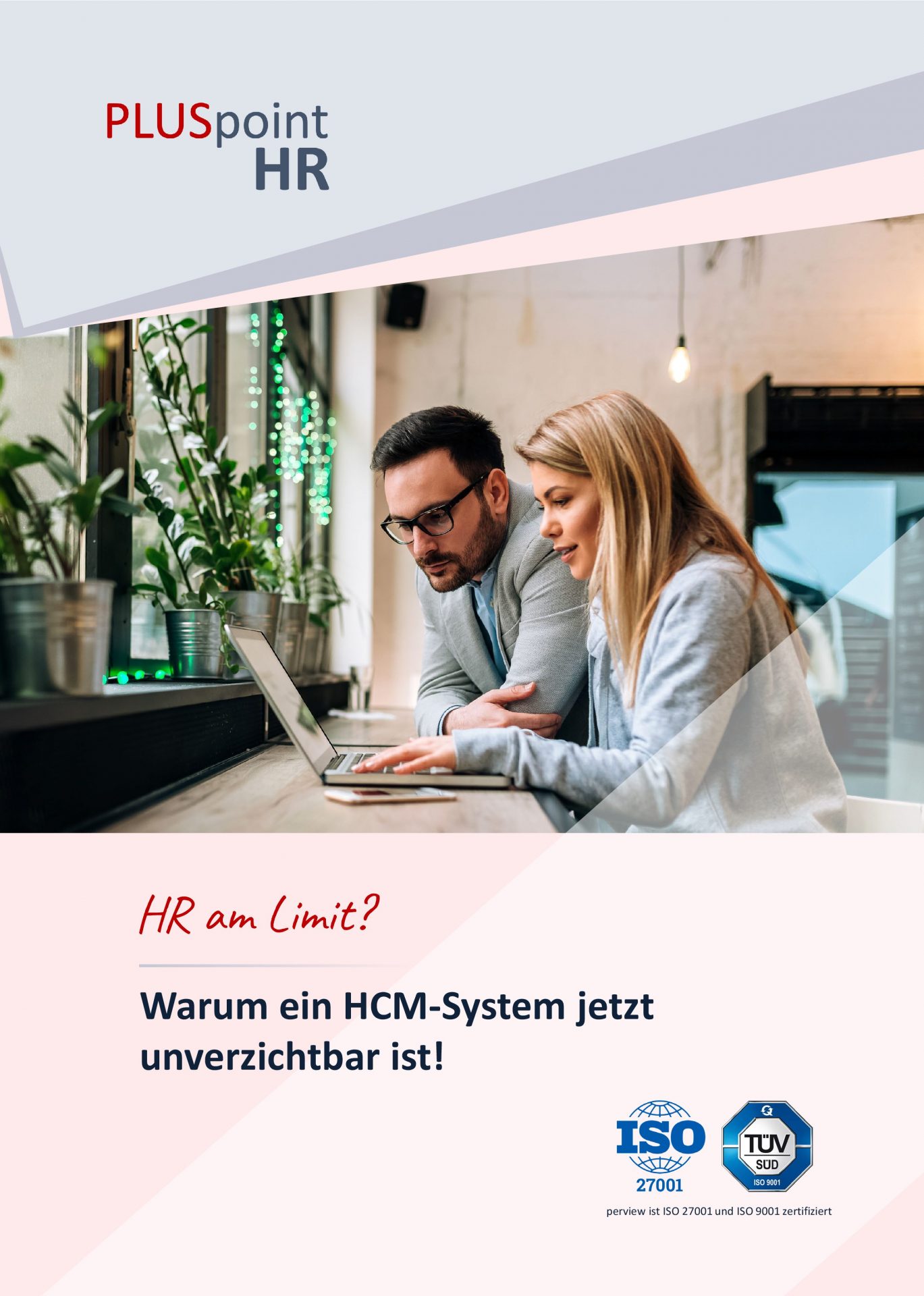 Titelseite der PLUSpoint HR-Software-Broschüre mit HCM-System Hinweis und ISO-Zertifizierungen