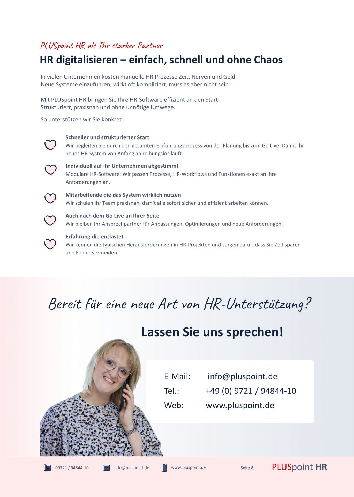 Kontaktseite der PLUSpoint HR-Software-Broschüre mit Ansprechpartnerin und Kontaktmöglichkeiten