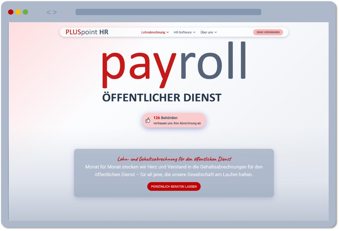 PLUSpoint HR Payroll öffentlicher Diens Screenshot von Webseitet