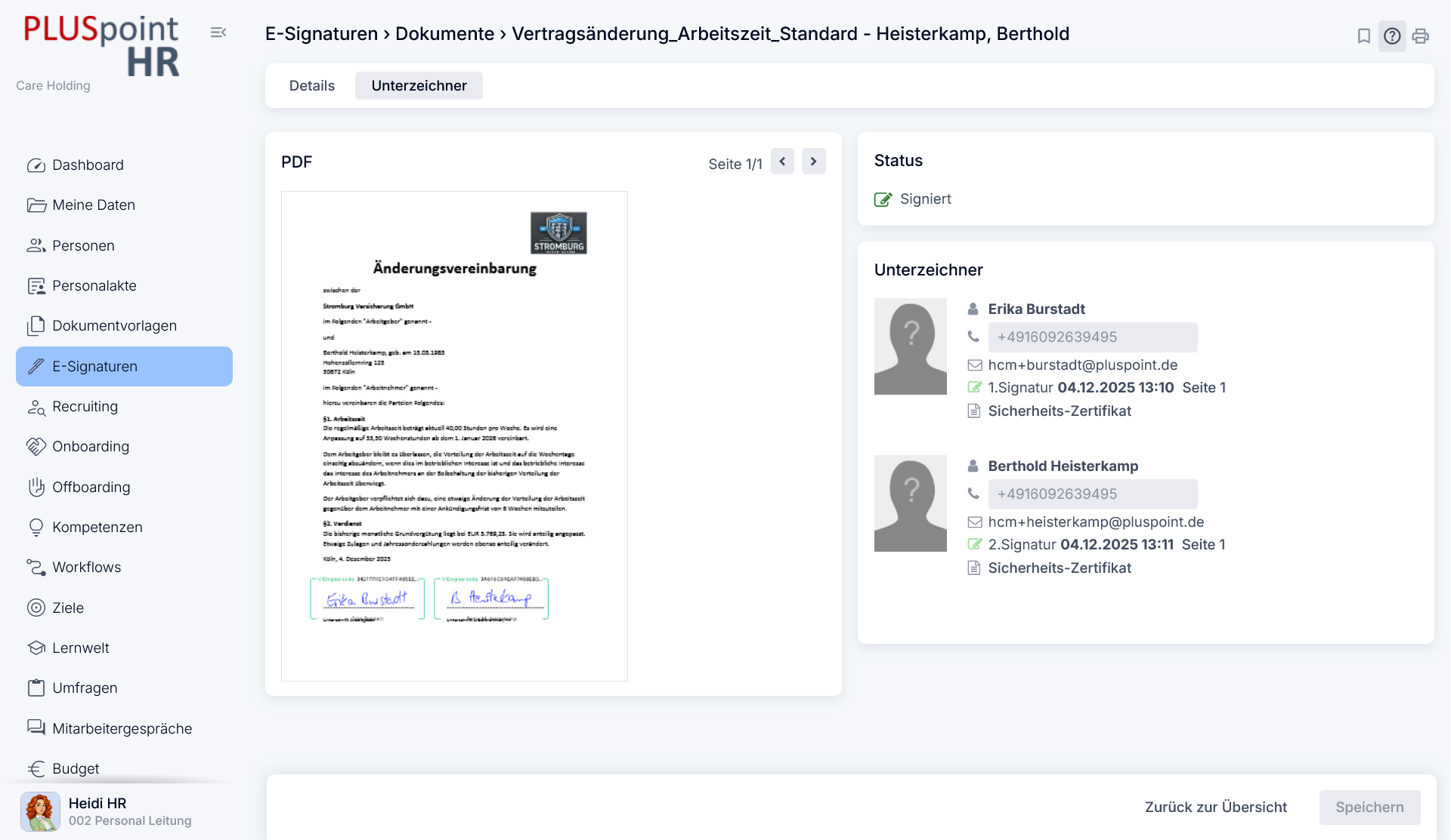 E-Signatur Modul von PLUSpoint HR für HR-Dokumente