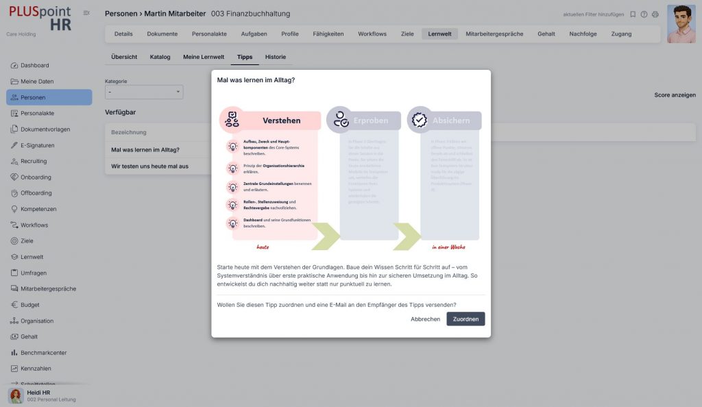 PLUSpointHR_HR-Software_Lernkarten und Tipp-System Screenshot aus dem Modul "Lernkarten & Tipp-System"