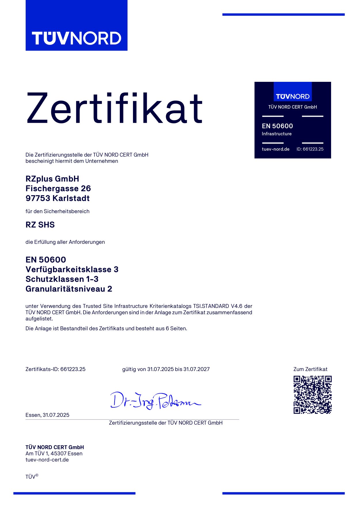 Zertifikat TÜViT EN 50600 - RZplus 